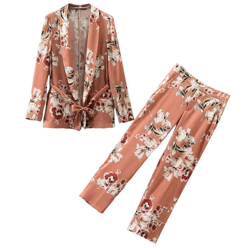 

women's Pants suit V-Neck Long Sleeve Wiped Kimono Jackets+Printed Wide Leg Trousers of Two Piece Set Suits of Women