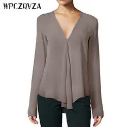 WPCZQVZA Классический с принтом одноцветное Цвет глубокий v-образным вырезом Для женщин пуловер свободные Повседневное женщина блузка рубашка
