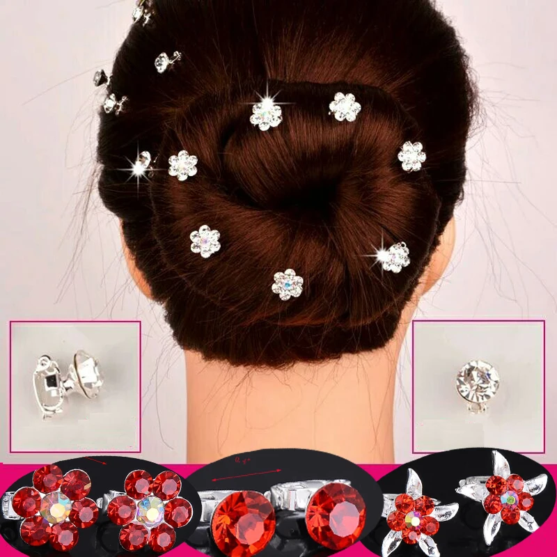 6 Crystal Flower Design Silver Hair Jewels Swirl Twist Coils