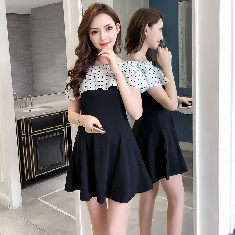 2018 New Arrivals  Summer  sexy dot dot shoulder stitching slim A short sleeved dress Free Shipping