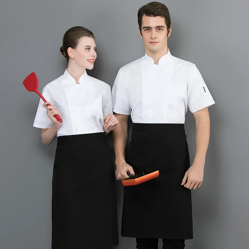 Белый Шеф-повар жакет короткий рукав Кухня форма офицантки отель готовить пальто спецодежды Для мужчин Для женщин Летняя дышащая одежда для шеф-поваров