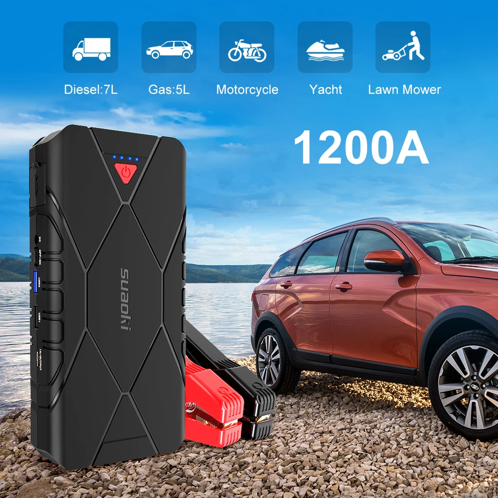 Suaoki U18 1200A Peak Car Jump Starter(up to 7.0L Gas 5.0L Diesel Engine) QC3.0 Type C 16000mAh Portable Power bank for phone