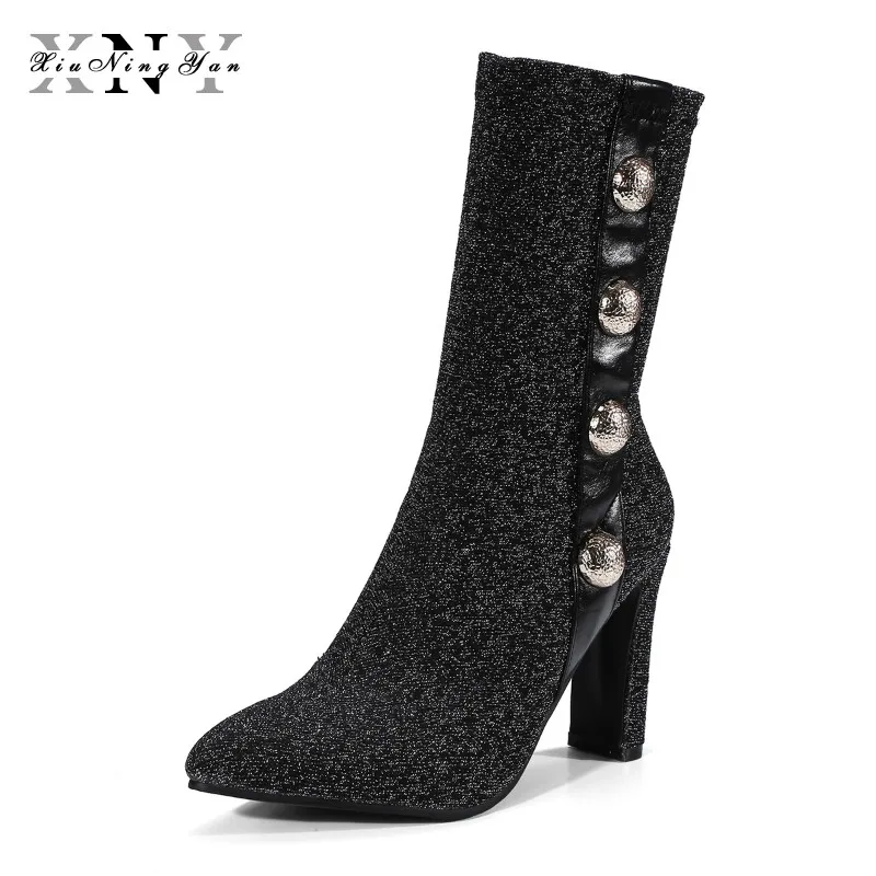 

Fashion Ankle Elastic Sock Boots Shoes Chunky High Heels Stretch Women Autumn Sexy Booties Pointed Toe Women Pump Size 32-43