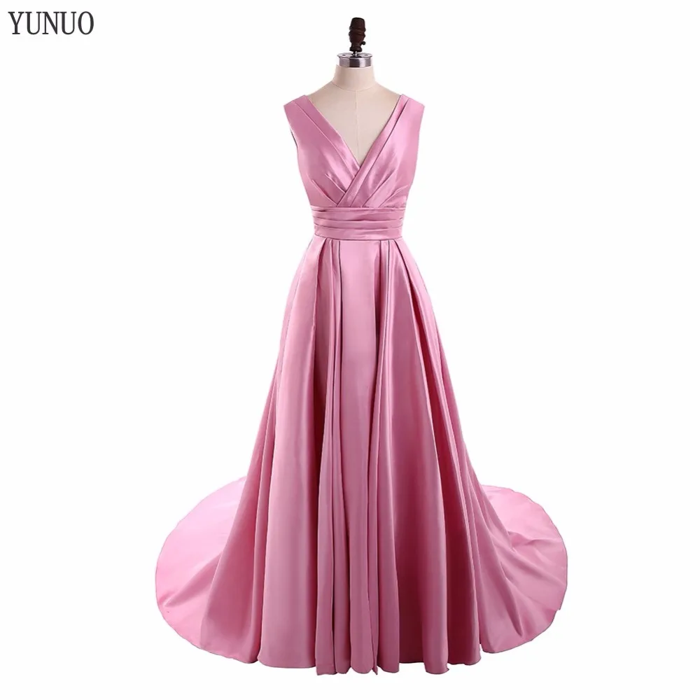 

Real Sample A Line Taffeta V Neck Long Evening Dresses 2019 Cheap Sleeveless Lace Up Pleat Floor Length Evening Dress YN62306