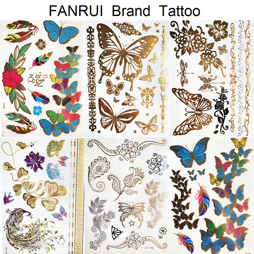 

Gold Metallic Butterfly Temporary Tattoo Lance Henna Flower Women Flash Tattoo Sticker Girl Body Hand Art Waterproof Tatoos Leaf