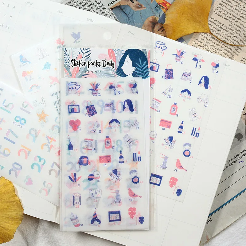 

4 Sheets Diary Calendar Stickers Cute Number Make Up Plant Print Journal Stickers Scrapbook DIY Decorative Gifts MT104