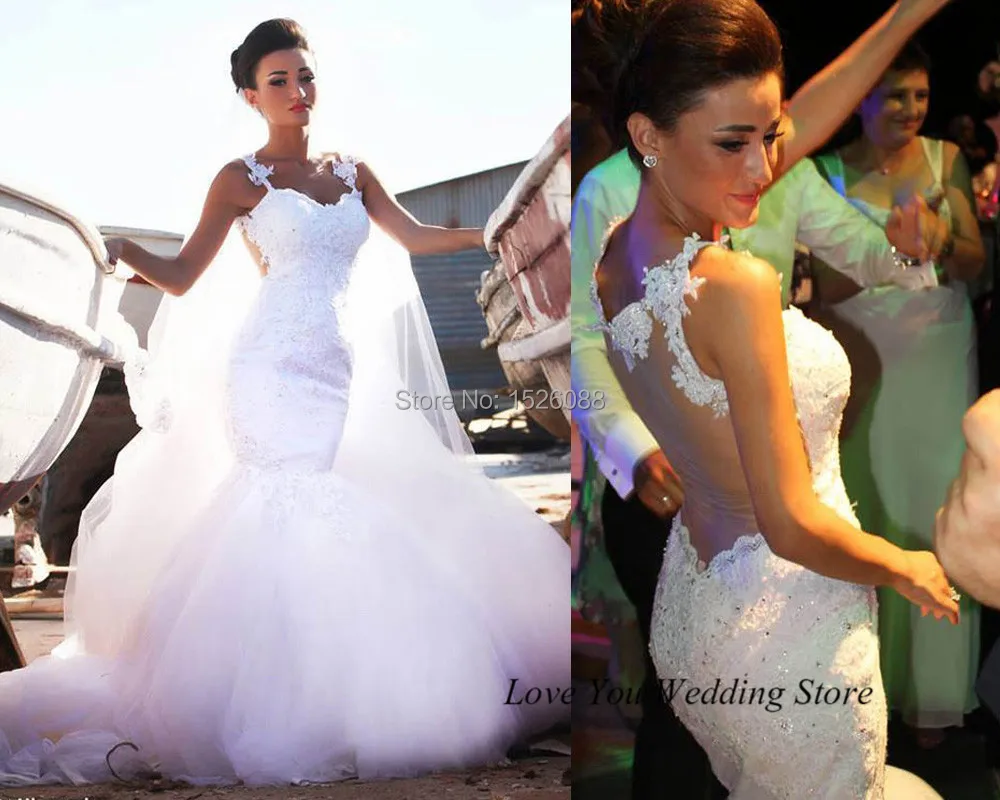 

Sexy Women Mermaid Wedding Dresses Lace 2015 Backless Bridal Gowns Detachable Train Tulle Vestido Branco Real Dreamy