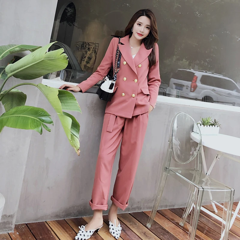 Fashion Double Breasted Pant Suits for Women Set Notched Collar Blazer ...