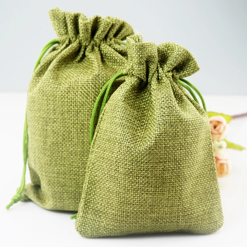 100pcs/lot 13*18cm Olive Jute Bags burlap Drawstring Gift Bag Party