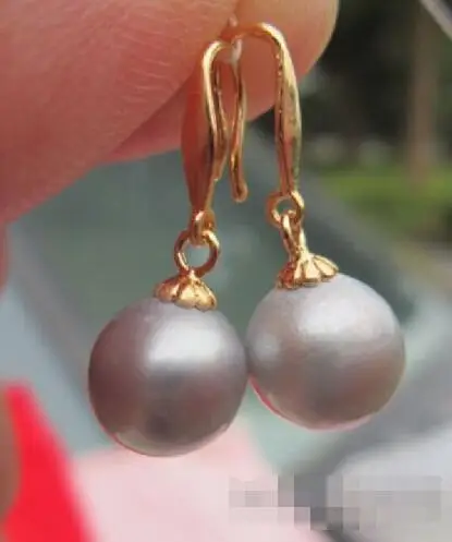 

Free Shipping >>>>10-11MM AAA++ south sea gray natural pearl earring 14K yellow gold hook