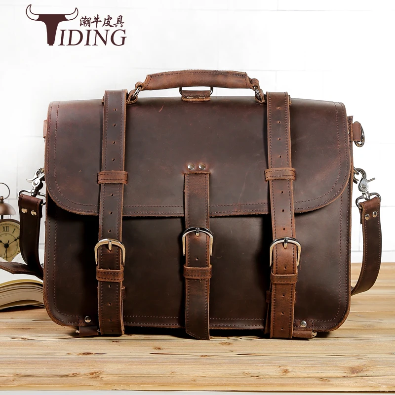 

Crazy Horse leather briefcase men 2017 new man brands brown vintage extra large business travel handbags bags 17" laotop bags