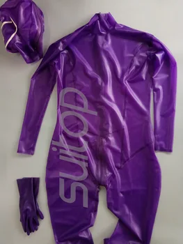 

women's rubber catsuit (whole sets) latex bodysuits in trasparent purple with back zip to crotch nurse
