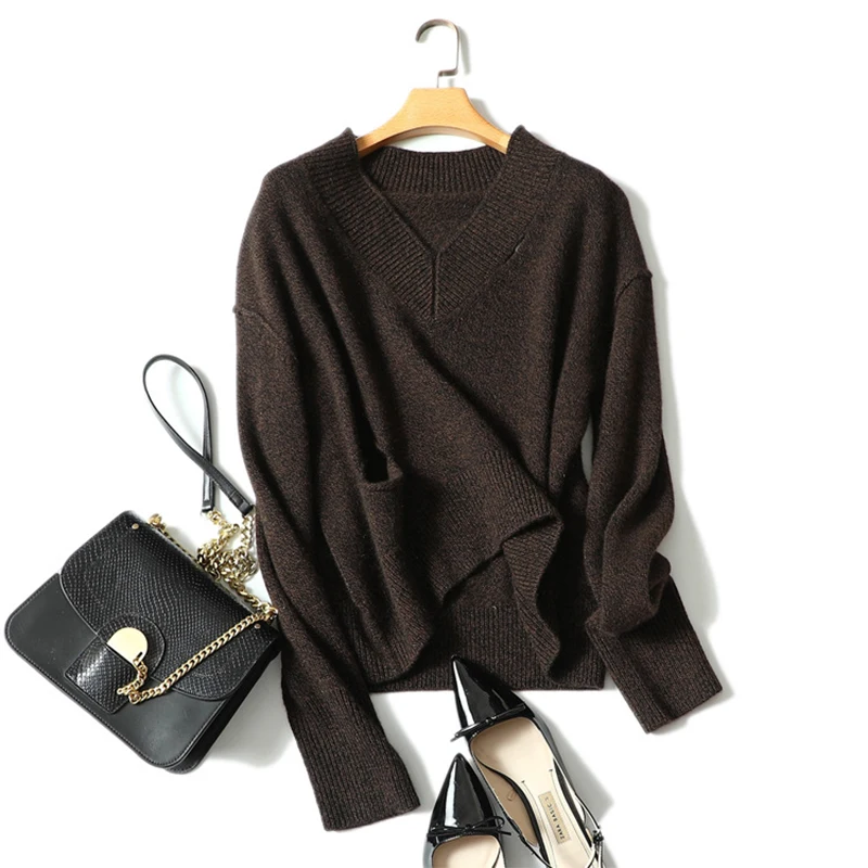 100 Real Cashmere Sweater Women Pullovers V neck Dark Coffee Sweaters Female Knitting Thick