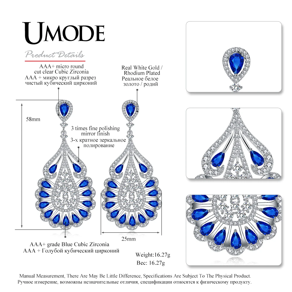 UMODE модные висячие серьги с большими каплями воды для женщин синие люстры цветком