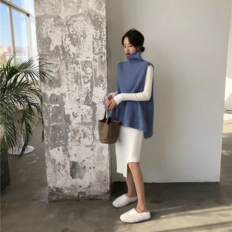 

2 pcs set knitted dress women casual autumn winter sweater dress ladies solid color bandage dress women+knitted vest (R3364)