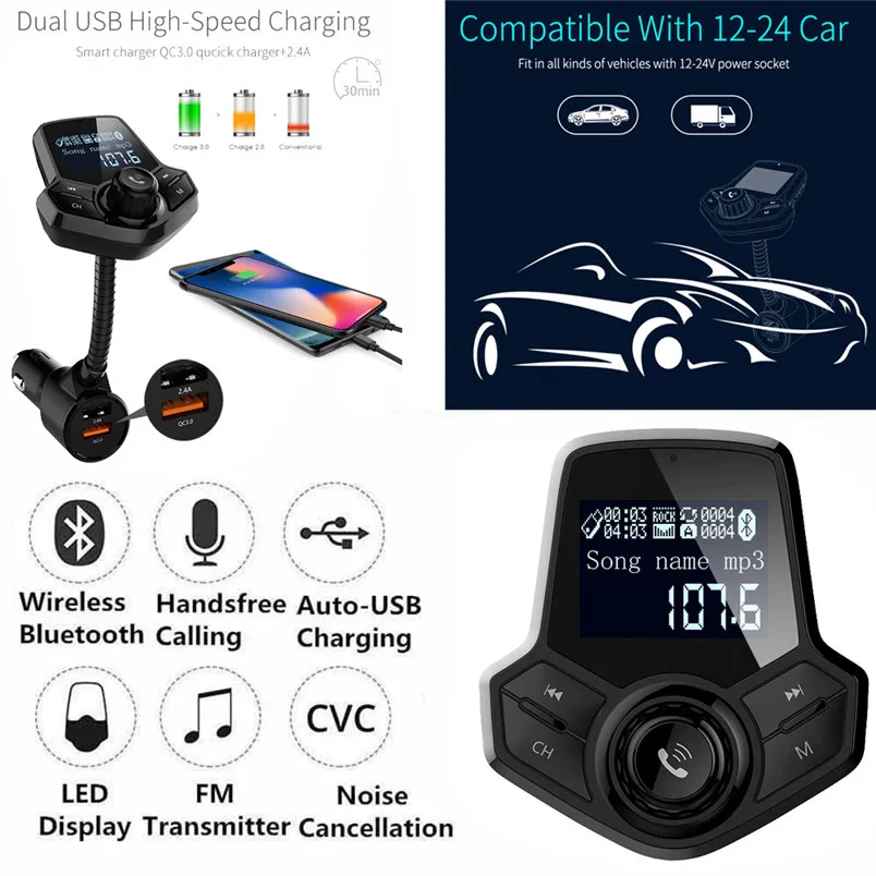 Wireless Bluetooth FM Transmitter Handsfree MP3 Player Radio Car Kit Bluetooth V4.2 Car MP3 Player Support TF Card U disk 30NT29 (8)