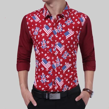

2017 Spring Floral Print Men Shirts Long Sleeve Mens Casual Shirt Slim Men National Flag Printing Dress Shirts XE007202