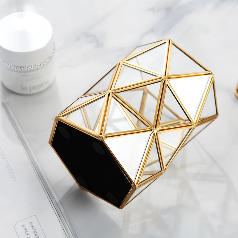 ANFEI Golden Glass Makeup Brush Storage Jewelry Holder Geometric Storage With Pearls Jewelry Organizer Box Dressing Table Decor