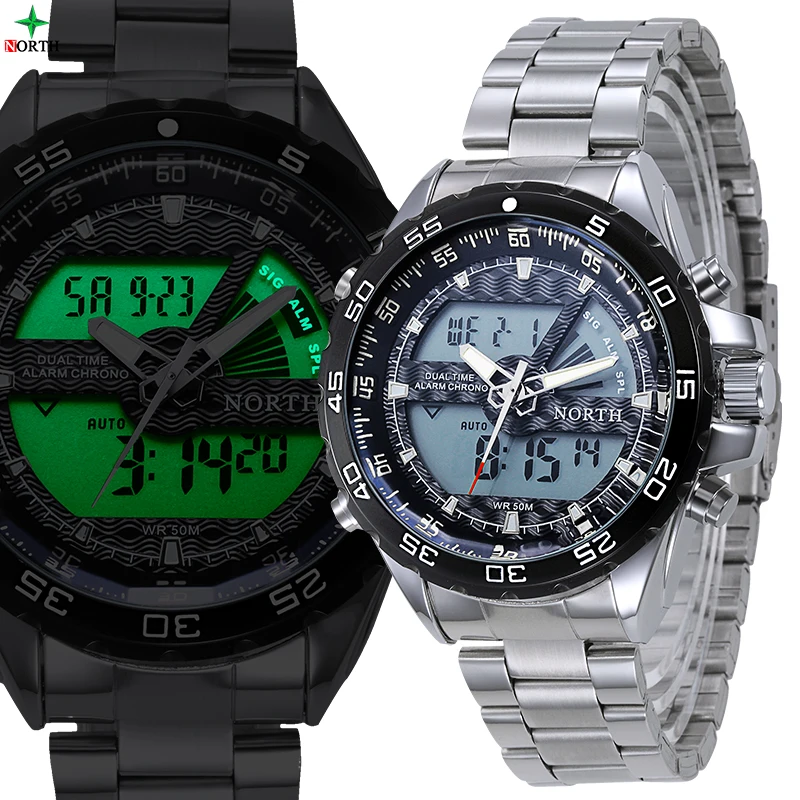 

NORTH Men's Military Watch Sport Luxury Brand Quartz Wristwatch Male Clock Stainless Steel Waterproof LED Digital Sport Watches