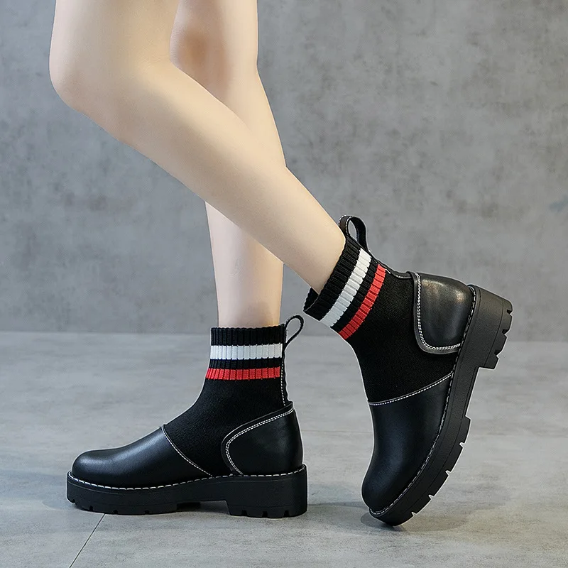 

Ankle Boots Chunky Heels Platform Martin Sock Boots Knitting Slip On Women Fashion Shoes Black Genuine Leather Ladies Shoes