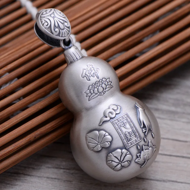 

Matte 999 Sterling Silver Retro Necklace Buddhist Lotus Gourd Lucky Pendant Men Thai Silver Fine Jewelry Gift CH058289
