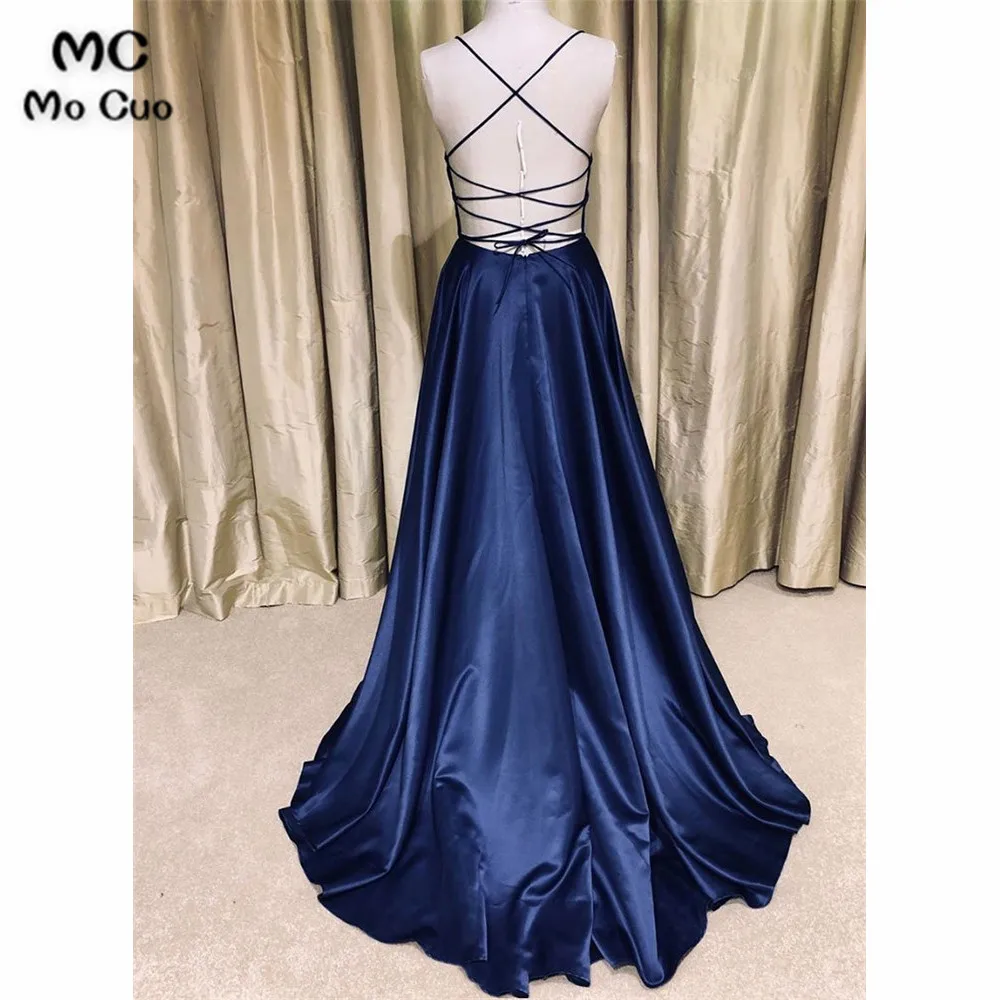 Simple v neck satin long prom dress, evening dress (1)