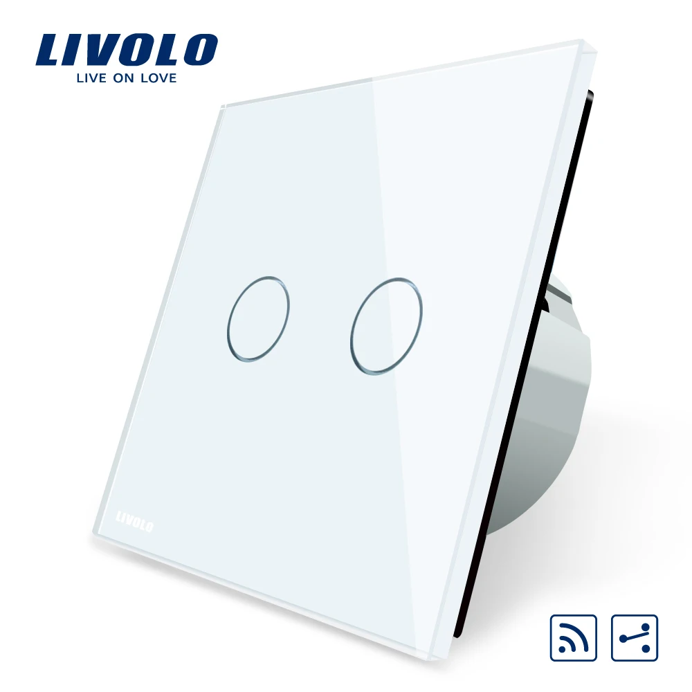 Livolo EU Standard Touch Remote Switch White Crystal Glass Panel 2 Gangs 2 Way AC 220