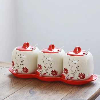 

Kitchenware ceramic spice box three-piece suit seasoning storage box large-capacity salt sugar MSG seasoning jar wx9041437