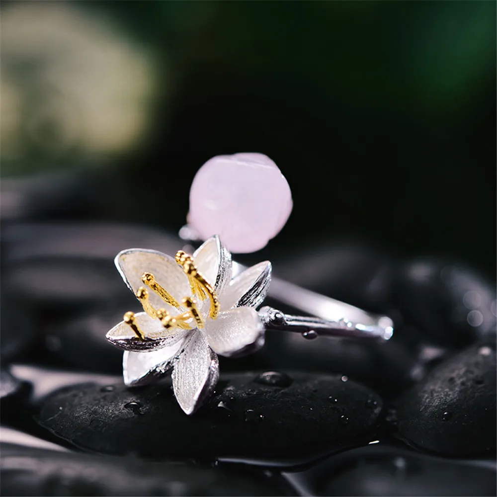 Lotus Fun Real 925 Sterling Silver Natural Rose Quartz Handmade Fine Jewelry Flower Ring Lotus Whispers Rings for Women Bijoux