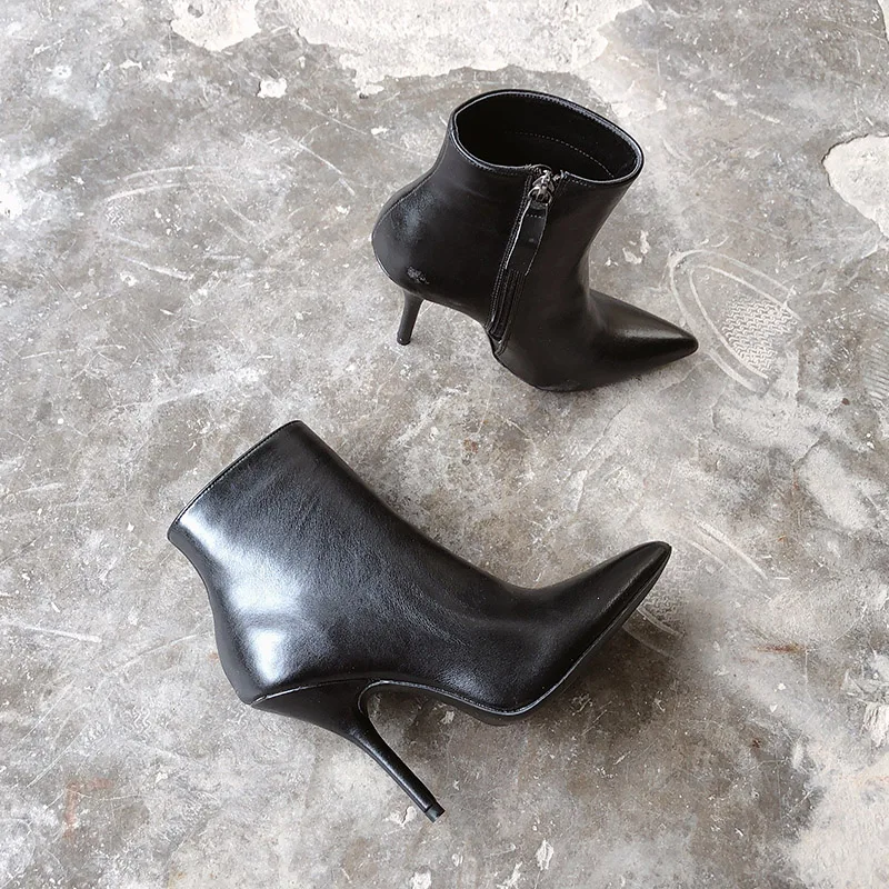 

new fashion black leather ankle boots for woman Autumn pointed toe thin heels short boots 2018 high heel martin boots white