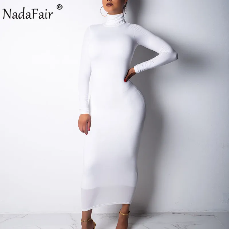 Nadafair Turtleneck Long Sexy Bodycon Dress Women Autumn Winter Long Sleeve Basic Red Black White Solid Midi Dress