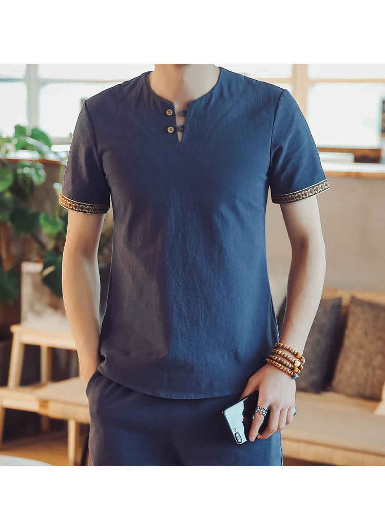 Новый мужской китайский Винтажный стиль рубашка Мандарин Воротник Slim Fit с короткими рукавами хлопок лен Повседневная мода Топ рубашка