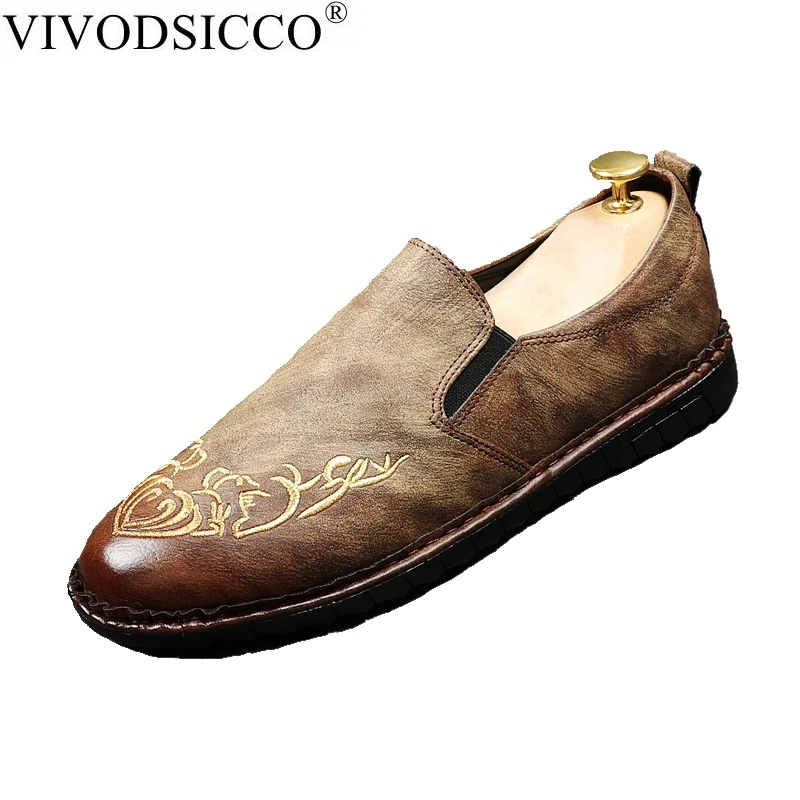 

VIVODSICCO New Men's Casual Loafers Shoes Fashion Retro Slip-On Flats Genuine Leather Men Driving Shoes Man Wedding Party Shoes