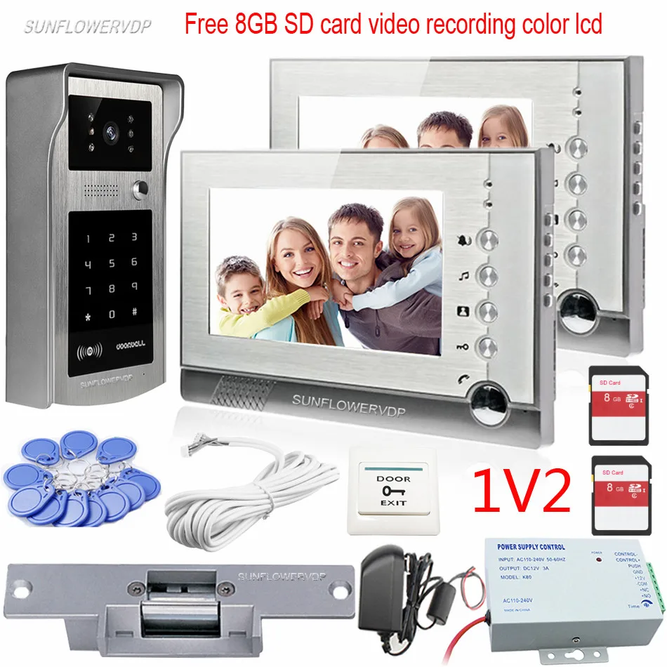 Video Door Phone 2 Monitors Home Intercom Video Recording 8GB SD Card Video Door Bell Rifd Keypad Camera Doorbell With Lock Kit