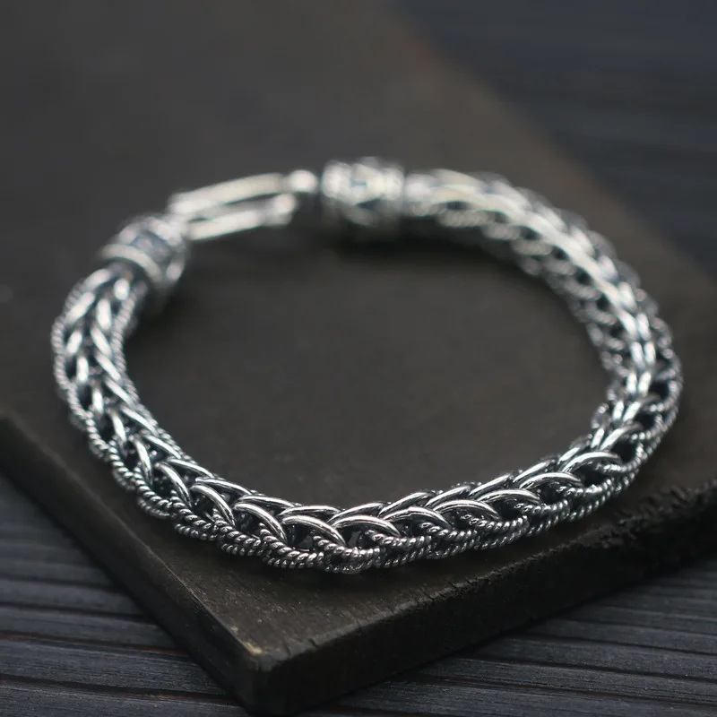 

925 Sterling Silver Braclet Bangle Hemp Flower Hand Made Snake Bone Bracelet Chain Thai Silver Retro 8mm