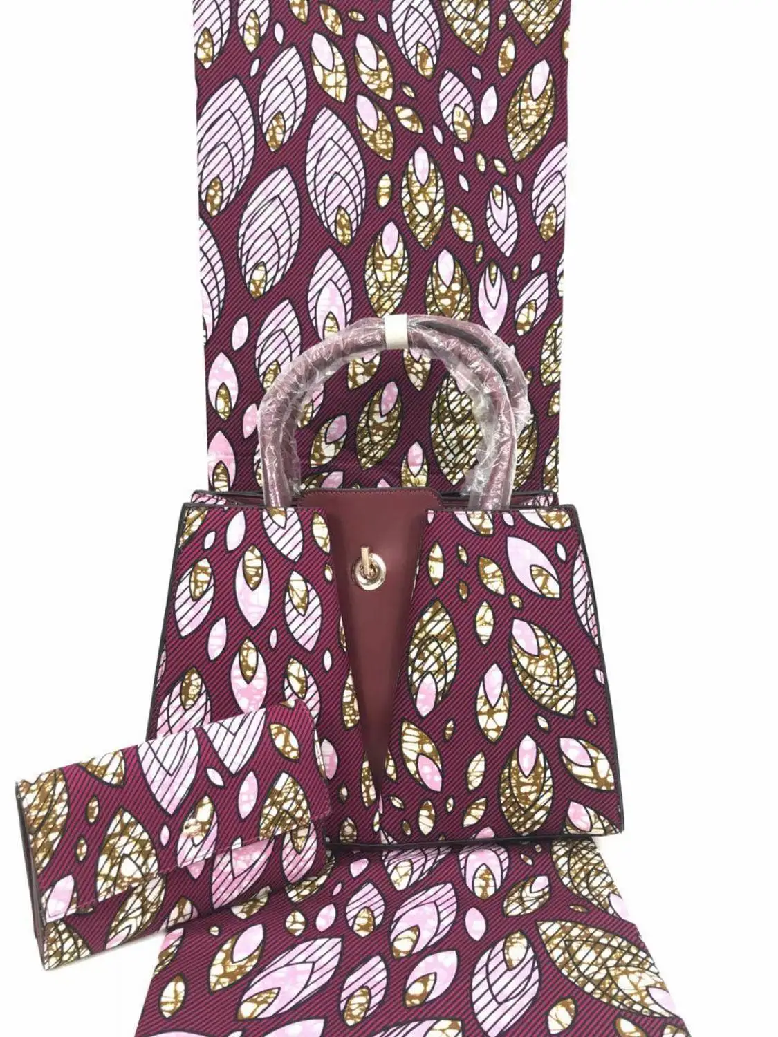 

6Yards Good selling wine background hollandais wax printed pattern african big handbag set for party VB25