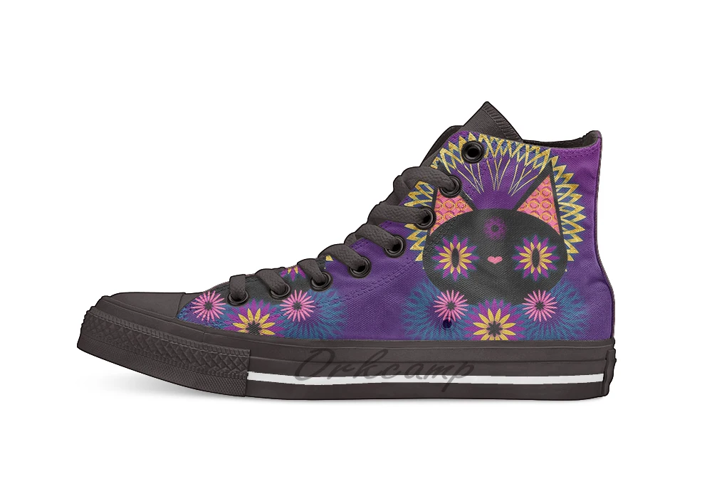 

Dark Floral Feline Charm Unisex High Top Canvas flat Casual Custom shoes Drop Shipping