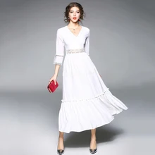 

2018 New Spring Women's Long Maxi Dress Fashion V-Neck A-Line Vintage White Red Tunic Casual Dresses Party Vestidos De Festa