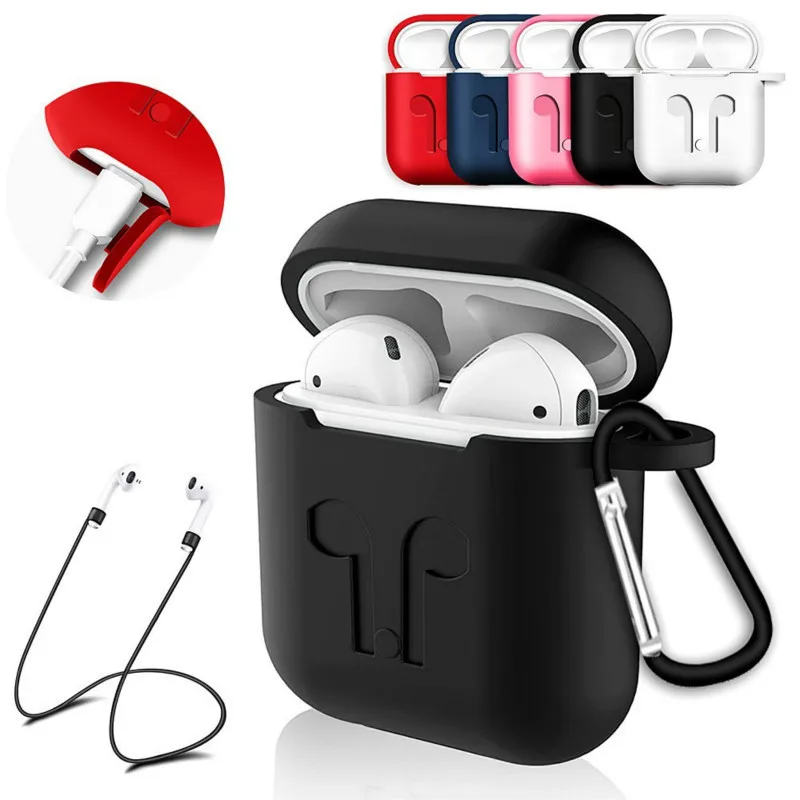 

Soft Silicone Earphones Case For Airpods 1 2 Wireless Bluetooth Headphone Accessories Anti Lost Strap Carabiner Protective Cover