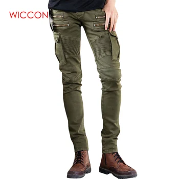

Green Black Denim pants Biker jeans Mens Skinny 2020 Runway Distressed slim elastic jeans hiphop Washed trousers for male 28-42