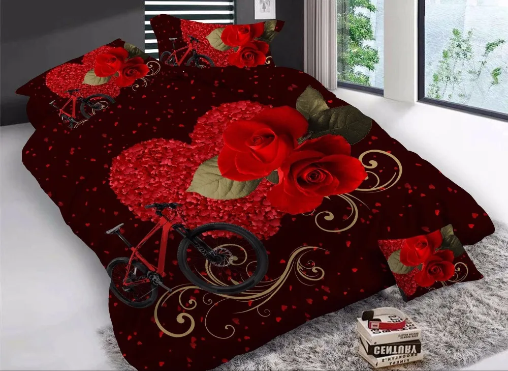 BEST.WENSD Reactive printing 100% Microfiber Fabric Bedroom bedding Home textiles bed linen quilt cover set Red Rose bedclothes