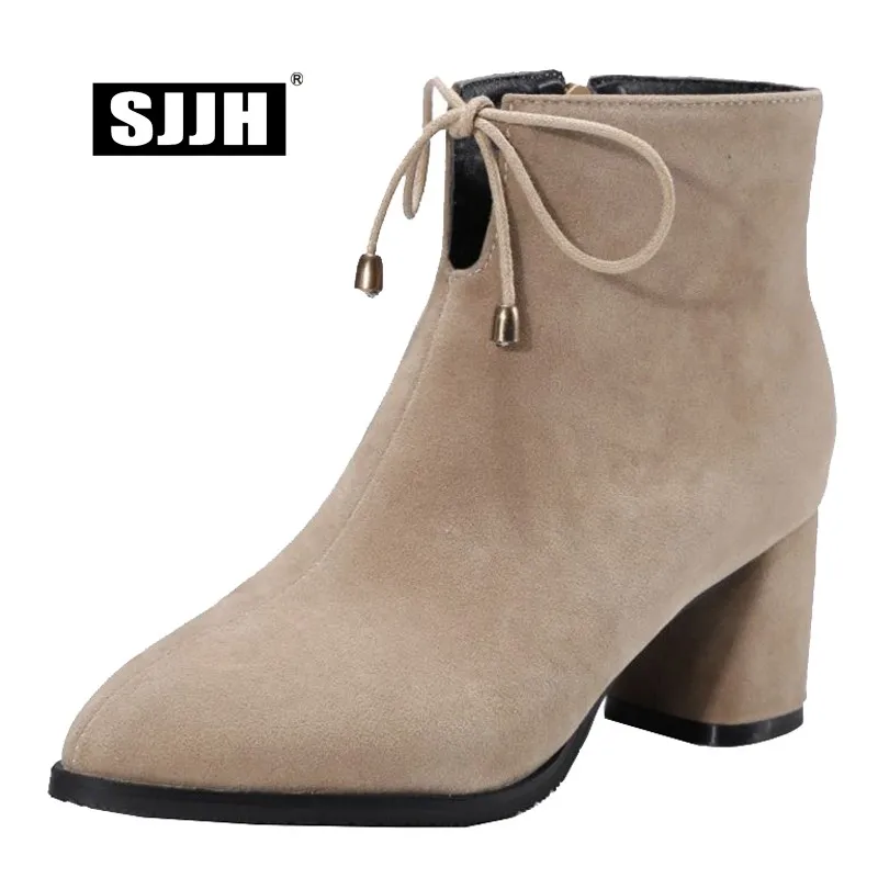 

SJJH Women Nubuck Martin Boots with Point Toe Chunky Zip Short Plush Ankle Boots Winter Fashion Formal Shoes Large Size A1063