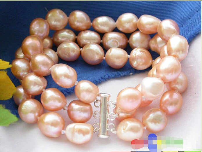 

3ROW 13MM PINK BAROQUE FRESHWATER PEARL BRACELET 925SC P2081 @^Noble style Natural Fine jewe SHIPPING new >>free shipping