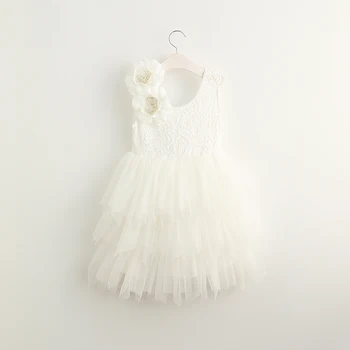 

2018 backless full lace top pink tulle birthday dress with big flowers girls layered wedding clothing 5pcs/lot