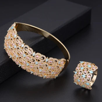 

Multicolor Luxury Full Micro Cubic Zirconia Geometry Women Bracelet Bangle Ring Sets Dress Jewelry Sets