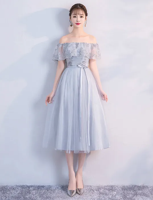 

Grey Colour Wedding Party Dress Bridesmaids Dresses Elegant Off The Shoulder Midi Dress Back of Bandage