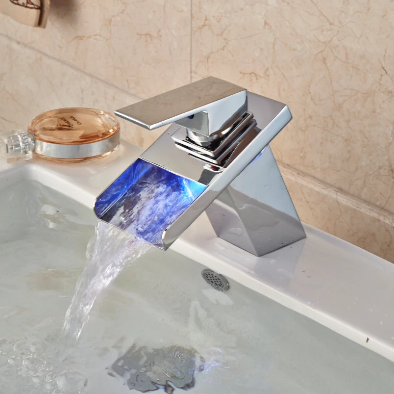Color Changing LED Light Bathroom Basin Sink Faucet Single Handle Waterfall Vanity Sink Mixer Tap Chrome