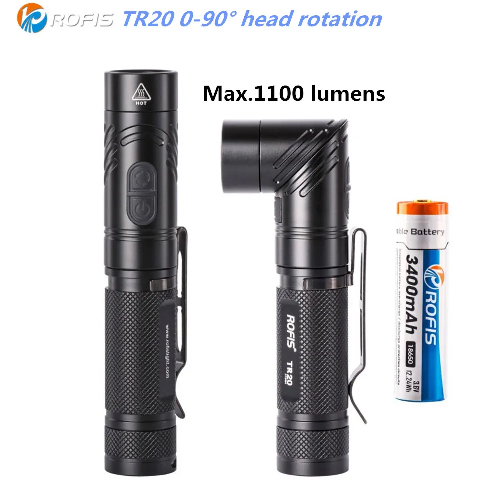 

ROFIS TR20 Led Flashlight 1100LM CREE XP-L HI V3 90 Degree Head Rotation Rechargeable Torch Anglelight with 18650 Battery