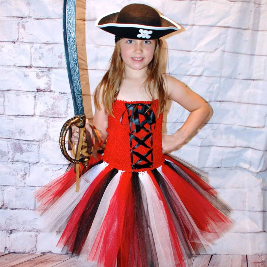 Kids Girls Pirate Tutu Costume Halloween Tutu Dress Skull Pattern Children Summer Dress with Mask Cosplay Party Clothing (4)