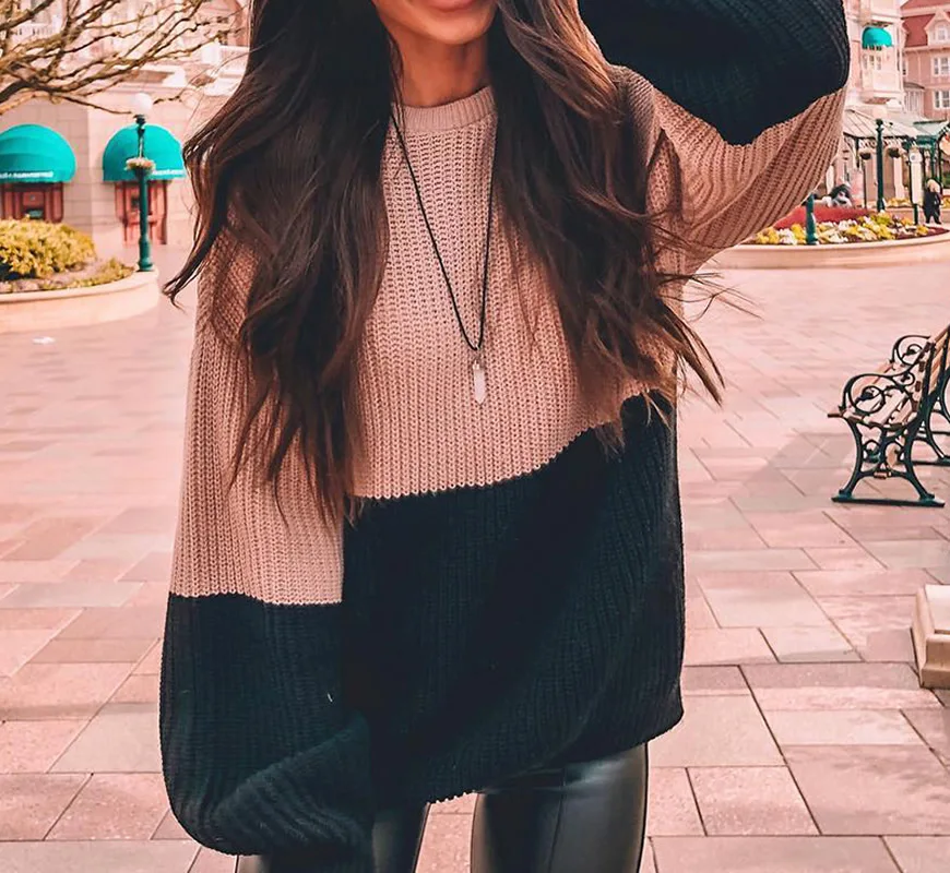 Женский вязаный свитер 2019 Женская мода футболка контрастных цветов Средний длинный стиль пуловер свитер женский негабаритный
